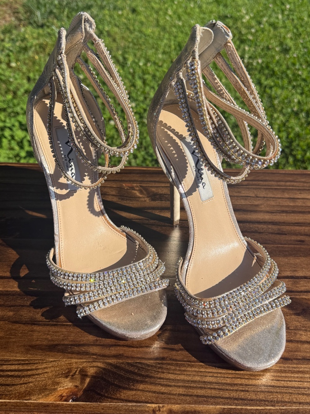 Nina Champagne Rhinestone Strappy Stiletto Heels